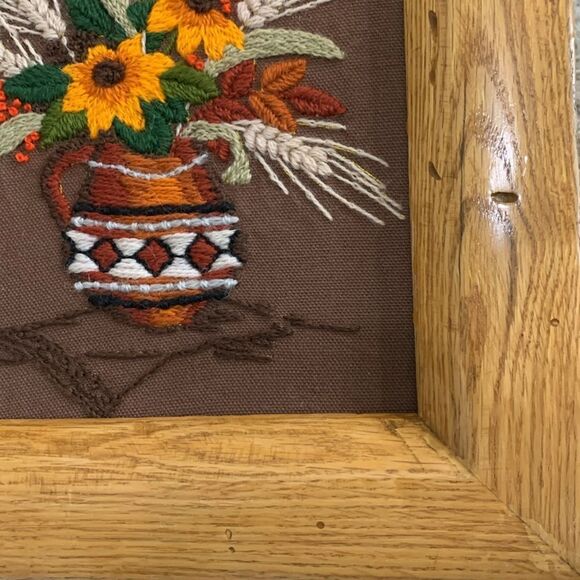 Cottagecore Handmade Wooden Framed Flowers In Pitcher Crewel Embroidery Wall Art - Picture 11 of 17